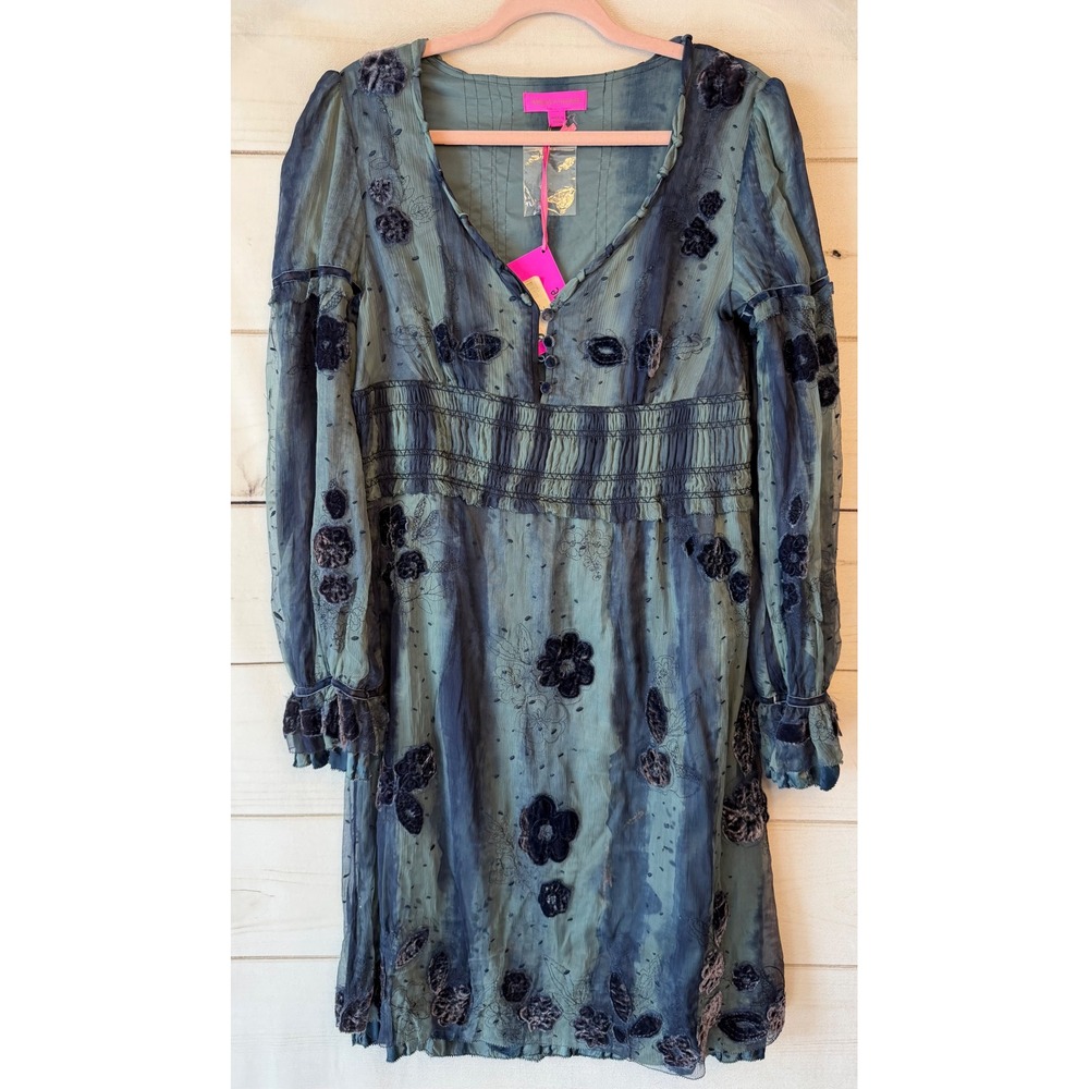 Ebene by Patrick Assuline Silk Green Floral Velvet Applique Dress NWT Large